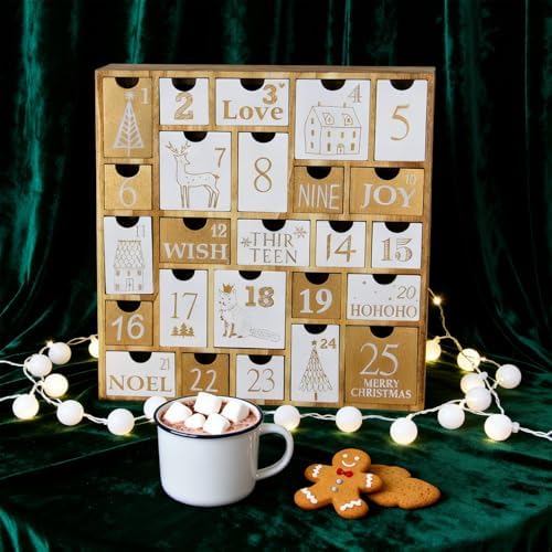 Juegoal Advent Calendar with 25 Drawers Countdown to Christmas, Refillable Wooden Advent Xmas Gift for Kids, 12 Inches Tall