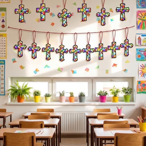 Renbuzhu 48PCS Sunday School VBS Crafts Bulk: Paper Cross Nativity Suncatchers, Jesus Religious Christian Activity DIY Kits Church Decorations, Window Stained Glass Effect Art Supplies