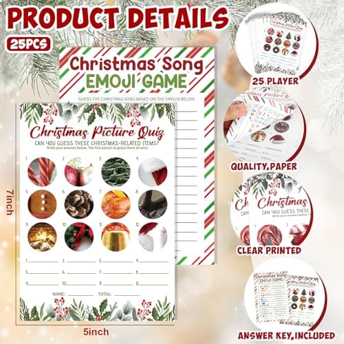 27 Pcs Christmas Games for Family Party Merry Christmas Paper Game Cards Double Sided Printed Xmas Festival Picture Quiz Guessing Songs Adults Holiday Activity Decorations Large Groups with Answer Key