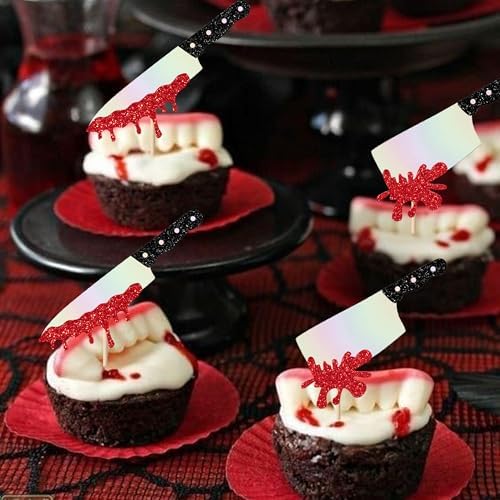 Rsstarxi 24 Pack Halloween Knife Cupcake Toppers Blood Knife Have a Killer Birthday Cupcake Picks Decorations for Horror Theme Birthday Halloween Party Cake Decorations