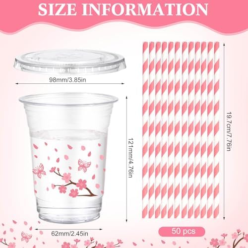 Funnymoom 50 Sets Pink Cherry Blossom Party Supplies Cherry Blossom Plastic Cups with Lids and Straws 16 oz Clear Floral Disposable Drinking Cups Bulk for Spring Birthday Baby Shower Party Supplies