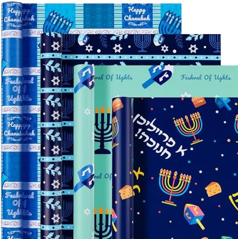 Hanukkah Wrapping Paper (4 Rolls, 148 sq. ft. ttl) Menorahs, Dreidels, Stripe and Star of David Design for Holiday Gift Wrap - Traditional Hanukkah Elements Collection - 30 Inches x 14.8 Feet Per Roll