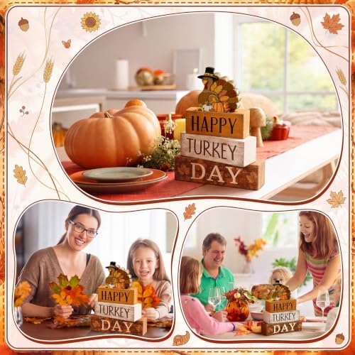 Moucuny 4 Pcs Fall Table Decor Wooden Signs Happy Turkey Day Blocks