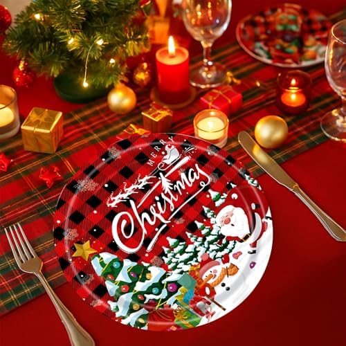50 Count Red Christmas Paper Plates 9 Inch Xmas Dinner Plates Disposable Round Holiday Appetizer Plaid Plates for Santa Cake Snack Cocktail Birthday Merry Christmas Party Supplies Tableware