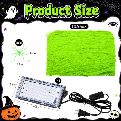 1100 Sqft Halloween Glow Green Stretch Cobwebs with Glow Spiders and Light