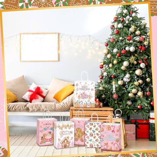 Kolldenn 48 Pcs Pink Christmas Gingerbread Party Favors Bags with Handles