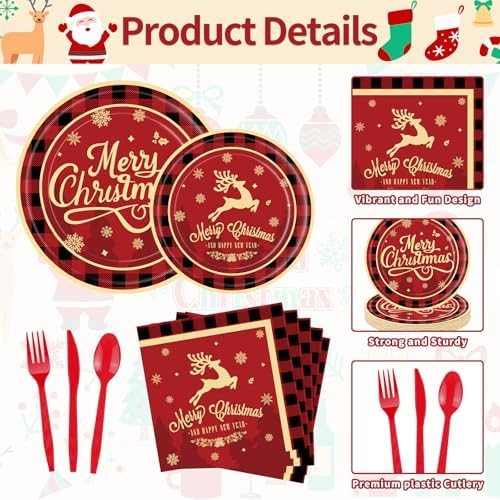175 Pcs Merry Christmas Party Supplies Set - Serves 25, Festive Red and Black Plaid Disposable Tableware, Includes Paper Plates, Cups, Napkins, Forks, Spoons, Knives for Xmas Holiday Celebrations