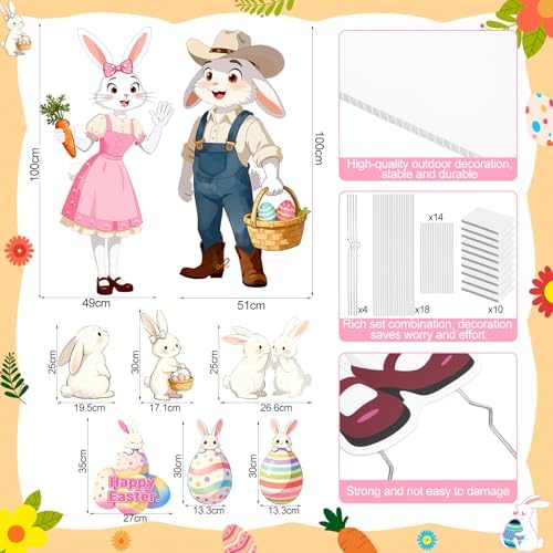 9 Pcs Large Easter Decorations Outdoor Yard Signs with Stakes 40x14 Inch Bunny and Egg Lawn Signs Happy Easter Welcome Yard Stakes for Garden Spring Hunt Games Party Supplies Props(Spring)