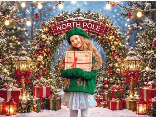 Christmas North Pole Photography Backdrop,Winter Aurora Borealis Snowy Forest Scene Background with Street Lamps,Xmas Party Decor Photo Booth Props(7x5ft)
