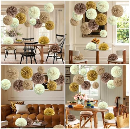 Recosis Tan Khaki Party Decorations, 18 Pcs Paper Pom Poms Decorations