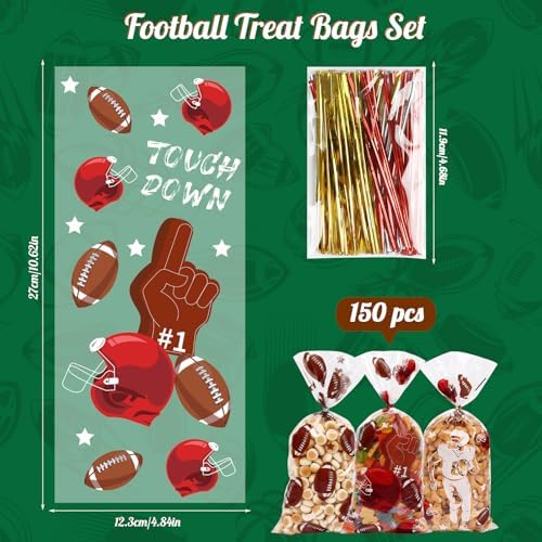 DIYASY 150 Pcs Football Cellophane Candy Bags, Clear Football Gift Treat Bag Plastic Goodie Snack Bags with Ties Sports Theme Party favors Supplies