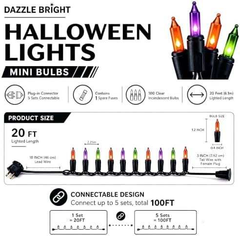 Dazzle Bright Purple Orange and Green Halloween Lights, 20FT 100 Count Mini String Lights, Waterproof Halloween Decorations for Outdoor Indoor Patio Home Party Garden Yard Decor
