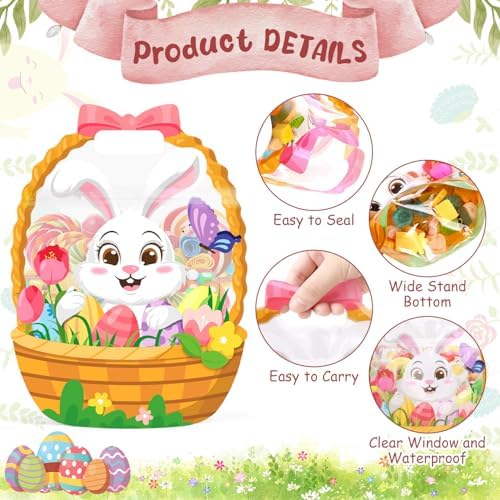 FOIMAS 50pcs Easter Gift Bags Plastic Easter Goodie Bags with Handles Ziplock Bunny Basket Resealable Candy Bag for Holiday Party Candy Gifts Supplies Decoration Favor