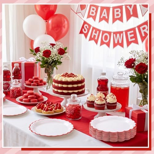 NatNarr 30 Pk Red Paper Plates 7" Scalloped Red White Dessert Cake Plates