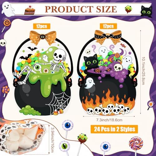 Fuutreo 24 Pcs Halloween Treat Bags with Handles, Skeleton Plastic, Clear