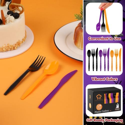 Kochorie 90 Pieces Halloween Plastic Cutlery Set, Black Orange Purple