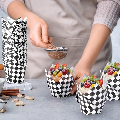 Maxdot 200 Pcs Checkered Tulip Cupcake Liners for Baking White Black Plaid Paper Muffin Baking Cups Checkered Tulip Muffin Liners Wrappers for Race Car Birthday Party Supplies