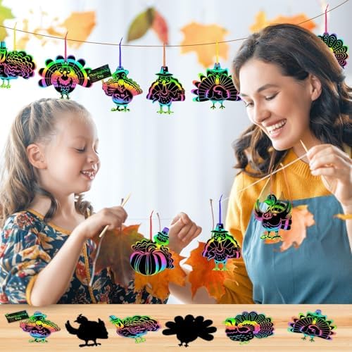 AUGSUN 96Pcs Turkey Scratch Art Paper Thanksgiving Fall Crafts for Kids