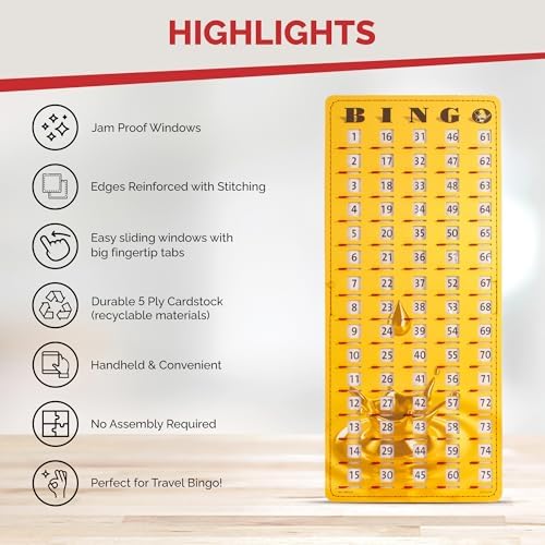 MR CHIPS Large 14.75" L x 6.75" W Jam-Proof Finger Tip Bingo Master Board Card with Large 3/4" Sliding Windows, Thick 5 Ply Cardboard, Gold Rush Style, Perfect for Tracking Bingo Games