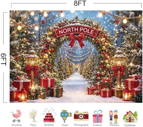 Christmas North Pole Photography Backdrop,Winter Aurora Borealis Snowy Forest Scene Background with Street Lamps,Xmas Party Decor Photo Booth Props(8x6ft)