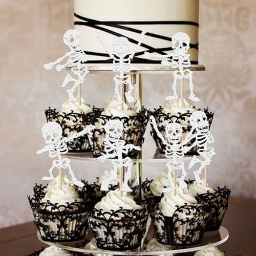 Rsstarxi 30 Pack Halloween Skull Cupcake Toppers Glitter Happy Halloween Theme Skull Dance Cupcake Picks for Baby Shower & Birthday Party Cake Decorations Supplies White