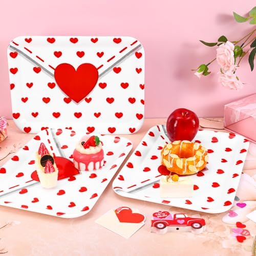 JarThenaAMCS 3Pcs Valentine' s Day Serving Trays Reusable Serving Dishes Red Heart Love Letter Platter for Wedding Party Sharing Snacks Fruits Dessert, 13 x 10 Inch
