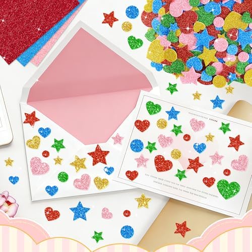 855Pcs Foam Stickers Glitter 3D Star Foam Shapes Stickers Self Adhesive Circle Star Heart Foam Stickers for DIY Crafts Scrapbooking Classroom Arts Project Home Theme Party Decor(Heart&Star&Circle)