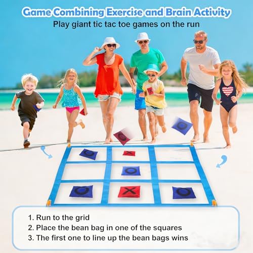 2-in-1 Outdoor Giant Tic Tac Toe Bean Bag Toss Games for Kids Adults Egg Spoon Relay Race Game, 4X4FT Large Lawn Yard Games Backyard Outside Family Reunion Birthday Party Field Day Outdoor Fun Games