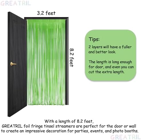 Lime Green Streamers Party Backdrop - GREATRIL Tinsel Curtain for St Patrick's Day/Frog/Wizard - 3.2ft X 8.2ft - 2 Packs