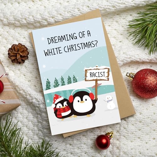 Funny Penguin Christmas Card for Men Women, Dark Humor Xmas Card, Sarcastic Holiday Cards Gift for Friend Brother Sister, Dreaming of a White Christmas