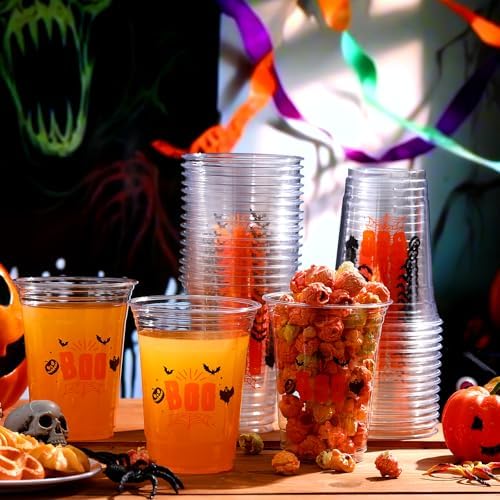 100 Pcs Halloween Plastic Cups Bulk 16 oz Disposable Clear Boo