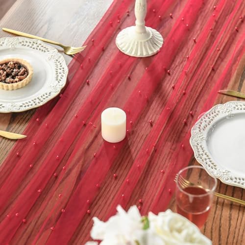 Artoid Mode 3-Pack Pearl Red Gauze Table Runner 10FT Home Decor