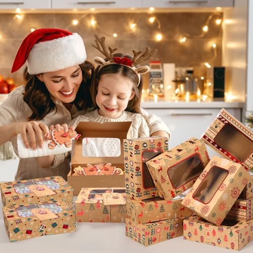 Cinnvoice 24 Pcs Christmas Cookie Boxes with Window Tags Strings,Classic