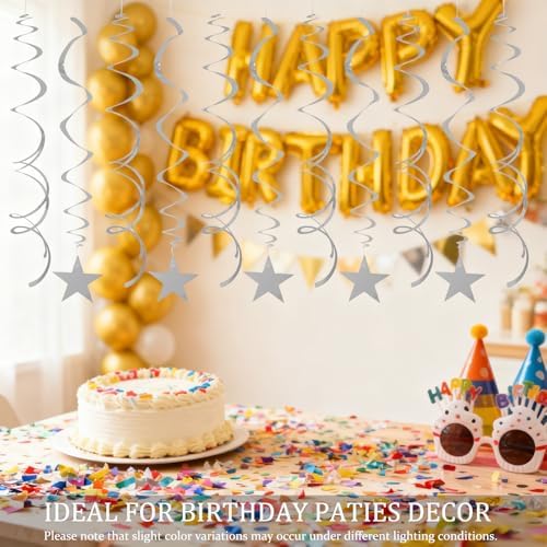 40Pcs Silver Star Hanging Swirls Party Decorations Plastic Spirals Streamers Foil Ceiling Decor for Birthday Bridal Showers All Kinds of Parties Classroom Home Party Favors