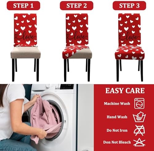 Valentines Day Chair Covers Set of 4, Valentines Decorations Stretch Removable Washable Dining Room Love Hearts Gnome Chair Protector Slipcovers Party Kitchen Home Valentine Decor (Valentine 1, 4 PCS)