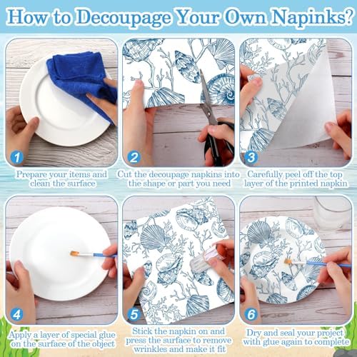 Tenceur 48 Pack 24 Style Blue Coastal Decoupage Napkins for Crafts, 13 inch