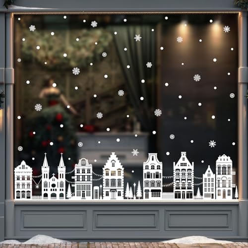 78" Christmas Window Clings Stickers White Winter House Snowflake Christmas Tree Xmas Window Decals for Holiday Party Home Office Shop Glass Display Decoration