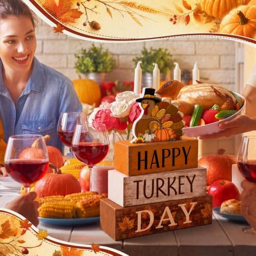 Moucuny 4 Pcs Fall Table Decor Wooden Signs Happy Turkey Day Blocks