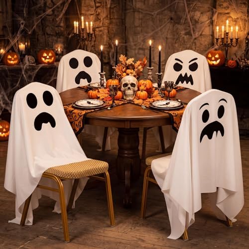 Frienda 4 Pcs Halloween Ghost Chair Covers Spooky Face Slipcovers 59 x 59"