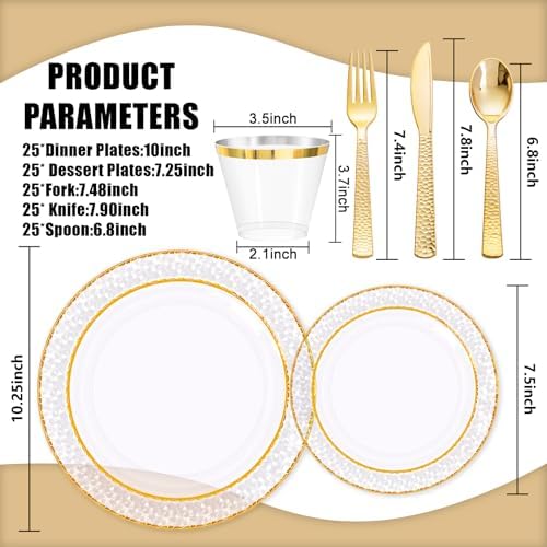 Ciaell 150PCS Clear Gold Plastic Plates - Disposable Gold Rim Plates include 25Dinner Plate, 25Dessert Plate, 25Forks, 25Knives, 25Spoons, 25Cups for Wedding & Party (Pack of 2)