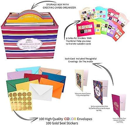 Janvale 100 All Occasion Cards Assortment Box with Color Envelopes，All Occasion Cards Set with Greeting Inside, Large 5 x 7 inch Cards with Stickers and Dividers