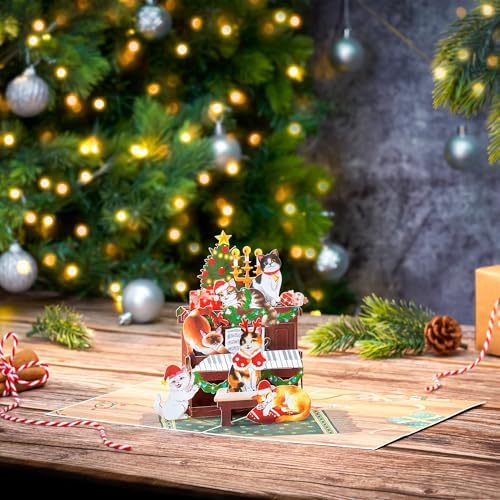 POPWOW Christmas Piano Cats Pop Up Card, Cute Cats on Piano, Xmas Tree, 3D Greeting Card, Gift for Cat Person, Kid, Boy, Girl, Sister, Brother, 5x7 - Includes Envelope And Message Note