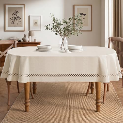 MIULEE Beige Oval Tablecloth with Decorative Cutouts 60x84 Inch