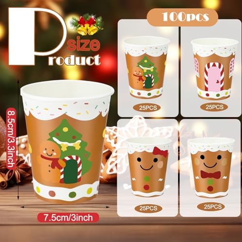 Funtery 100 Pcs Gingerbread Man Paper Cups, 9 oz Christmas Disposable Cups
