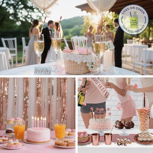 100 Count Pink Gold Striped Paper Straws, Biodegradable Drinking Straw for Weddings, Birthdays, Graduations and Party Decorations (7.75" x 0.24")