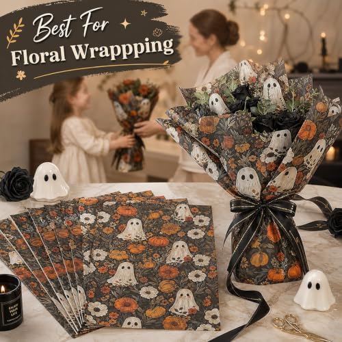 60 Sheets Boho Ghost Floral Tissue Paper, 13.8 x 19.7'' Boho Ghost Floral Pumpkin Patterns Gift Wrapping Paper for Halloween DIY Craft Autumn Party Supplies