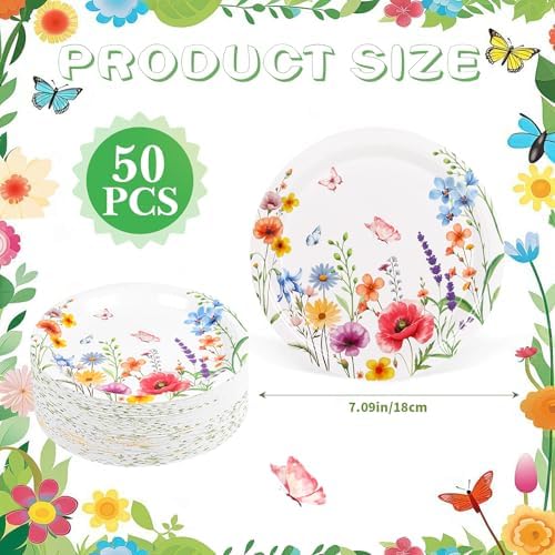 FOIMAS 50pcs Wildflower Paper Plates,7 Inch Spring Floral Disposable Plates Tableware Plate for Spring Summer Birthday Baby Shower Picnic Party Supply