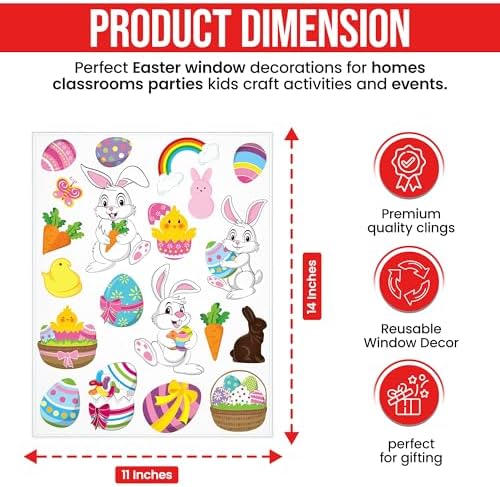 Iconikal 100-Count Window Clings for Easter, Static Bunny Egg Decals for Glass Reusable, 5 Sheets of 20