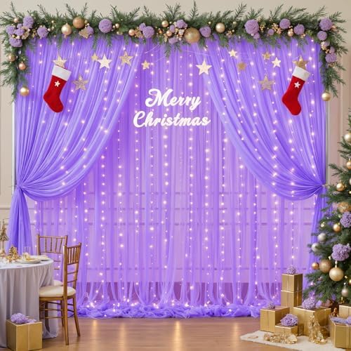 Purple Sheer Backdrop Curtains with Lights String for Baby Shower Girls 2 Panels 5×8ft Tulle Backdrop Curtain for Wedding Bridal Shower Elephant Birthday Party Photo Shoot Background Decorations