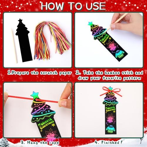 AUGSUN 96Pcs Christmas Scratch Art Bookmarks Xmas Crafts for Kids